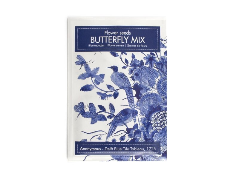 Postcard with Butterfly mix seeds, Delft blue birds