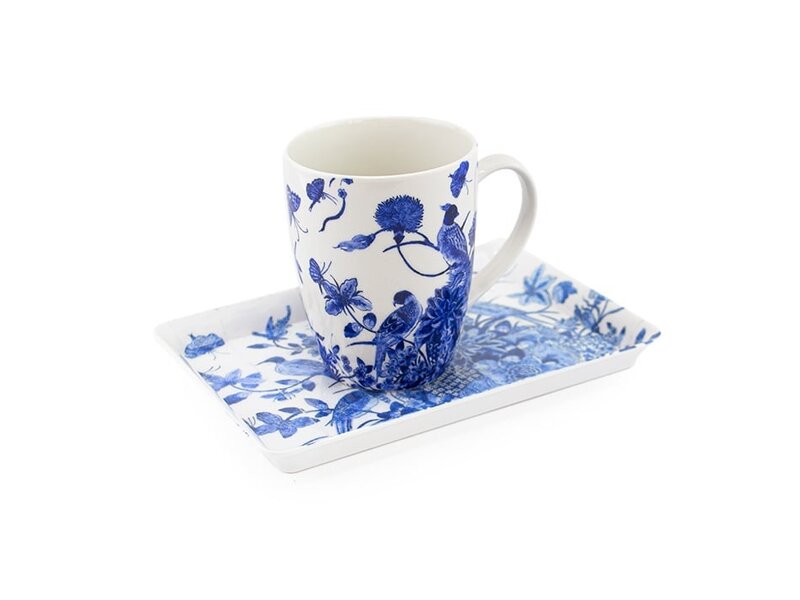 Ensemble: tasse et plateau, oiseaux bleus de Delft, Rijksmuseum