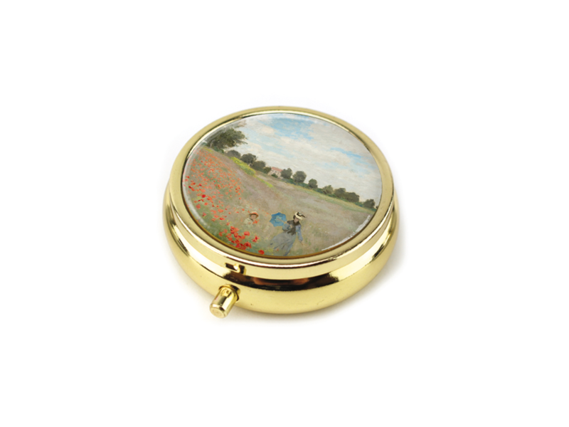 Pillendose,  Monet, Mohnfeld