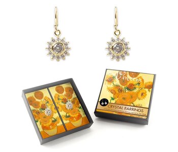 Vergoldete Ohrringe mit glitzernden Kristallsteinen, Van Gogh, Sonnenblumen