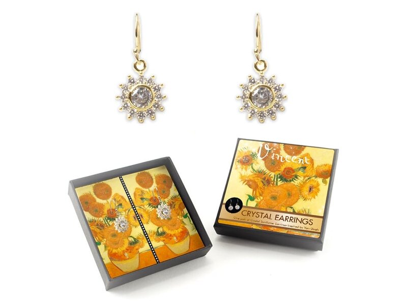 Pendientes chapados en oro con brillantes piedras de cristal, Van Gogh, Girasoles