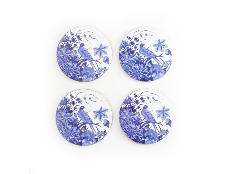 Set of 4 round coasters , Delft blue Bird, Rijksmuseum