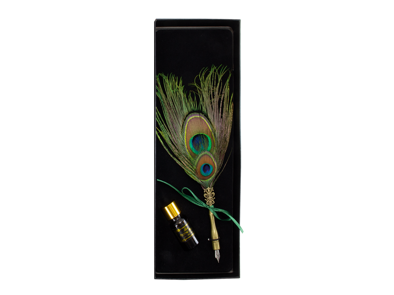 Peacock ink set, Black box with peacock feathers and ink