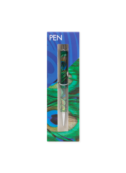 Ballpen in box, peacock feathers