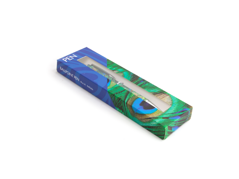 Stylo bille en boite, Plumes de paon