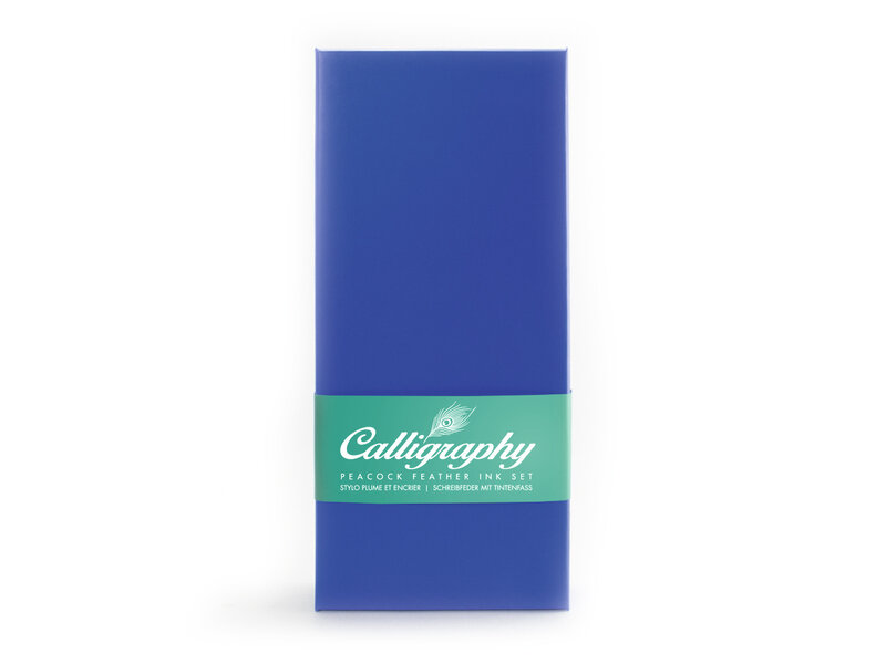 Pauwenveren pen met inkt en houder, blauwe doos
