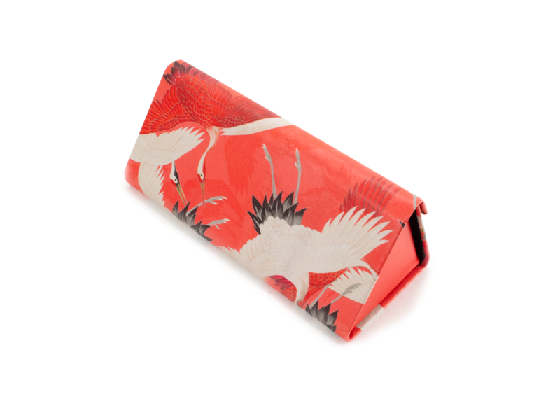 Foldable spectacle case , White and red cranes, Japanese birds