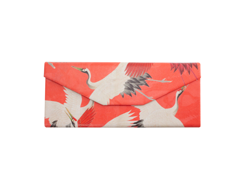 Foldable spectacle case , White and red cranes, Japanese birds