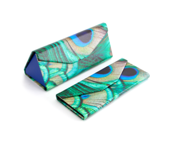 Estuche plegable para gafas 	con gamuza ,plumas de pavo real
