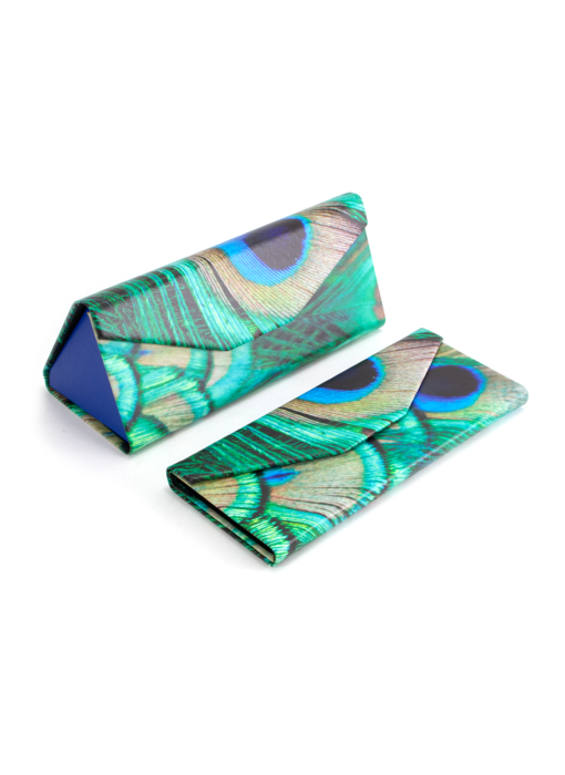 Etui à lunettes pliable avec chiffonnette,  plumes de paon