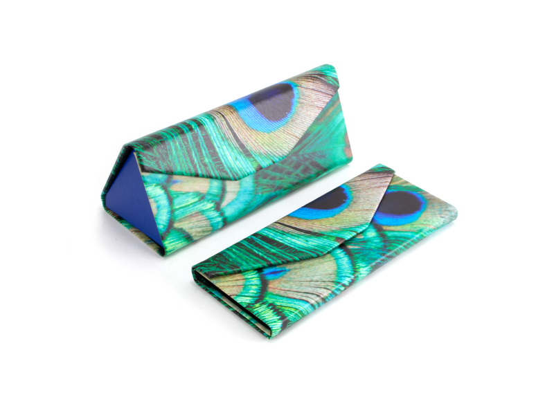 Estuche plegable para gafas 	con gamuza , plumas de pavo real