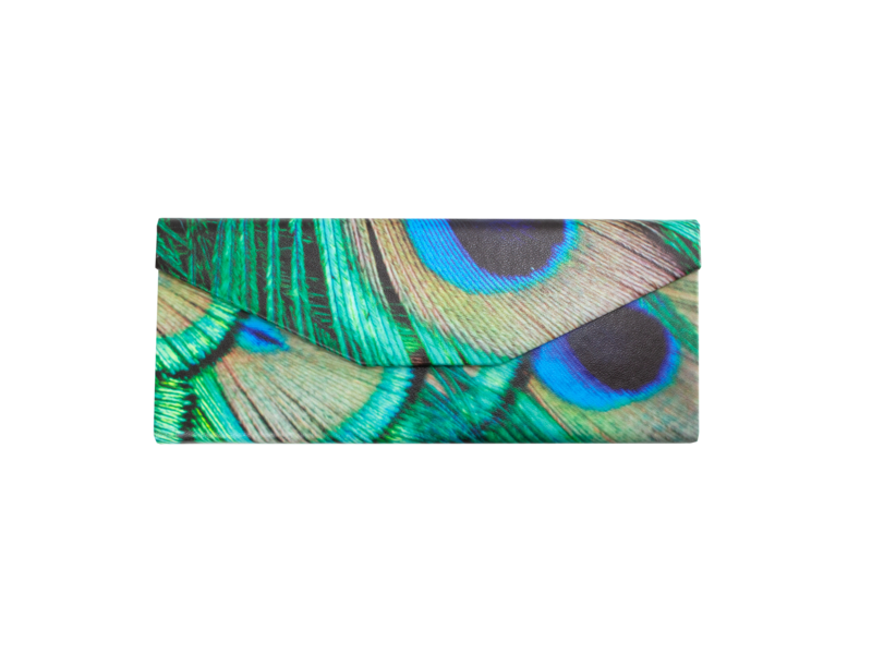 Estuche plegable para gafas 	con gamuza , plumas de pavo real