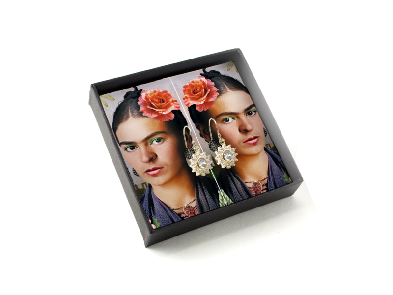 Vergoldete Ohrringe mit glitzernden Kristallsteinen,  Frida Kahlo