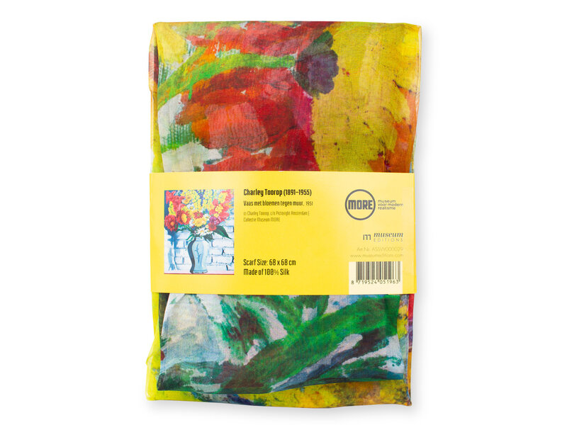 Foulard en mousseline de soie, 68x68 cm, Charley Toorop, Vase avec fleurs contre le mur
