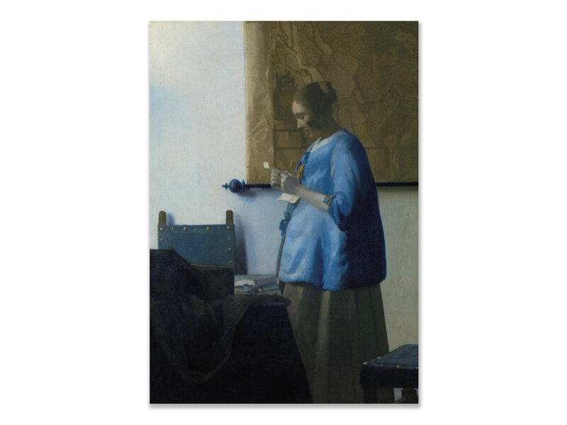 Postal, 10 x 15 cm, Mujer con letra, Vermeer