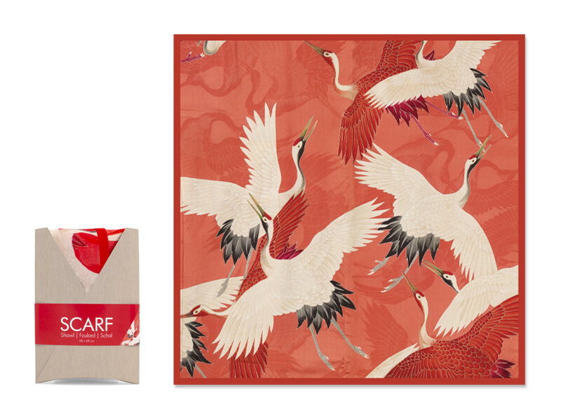 Écharpe, 68x68 cm, Haori féminin avec des grues blanches et rouges