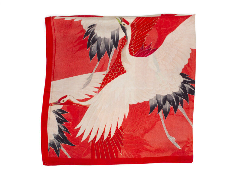 Écharpe, 68x68 cm, Haori féminin avec des grues blanches et rouges