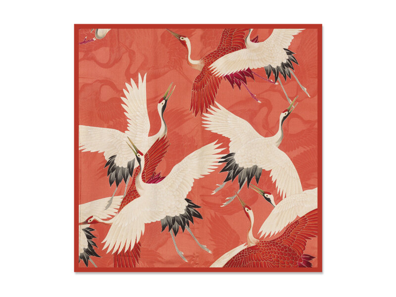 Écharpe, 68x68 cm, Haori féminin avec des grues blanches et rouges