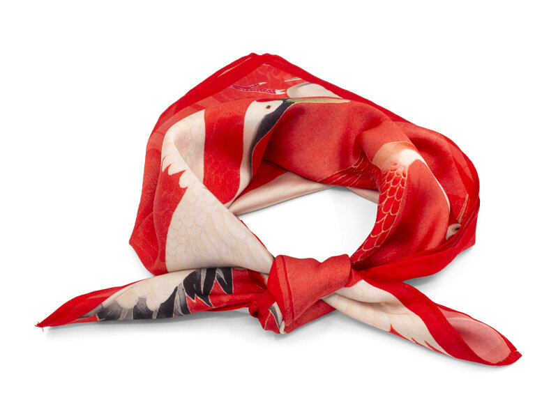 Écharpe, 68x68 cm, Haori féminin avec des grues blanches et rouges