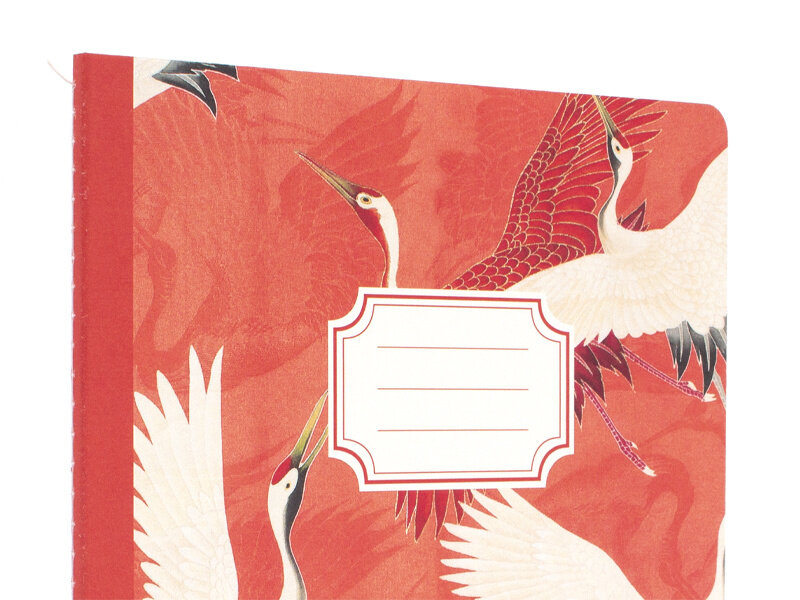 Carnet avec dos cousu en coton, A5, Haori féminin avec des grues blanches et rouges