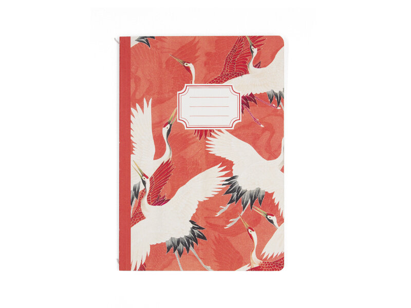 Carnet avec dos cousu en coton, A5, Haori féminin avec des grues blanches et rouges
