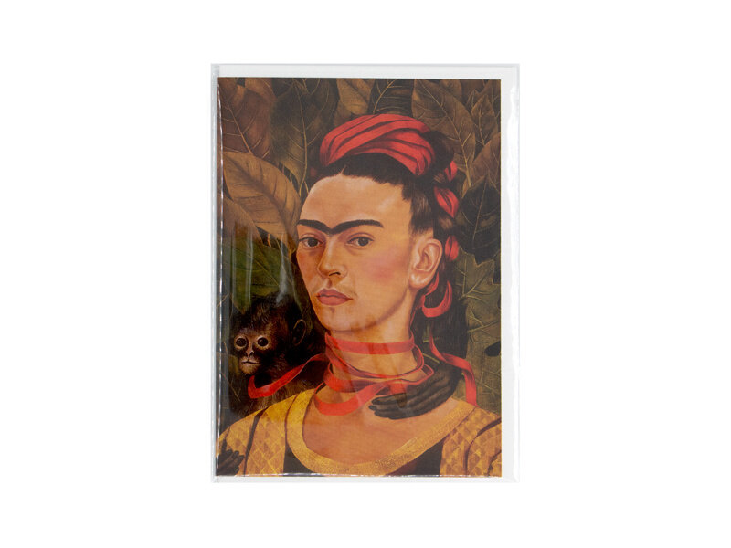 Tarjeta doble con sobre, Frida Kahlo, Autorretrato con mono y lazos rojos