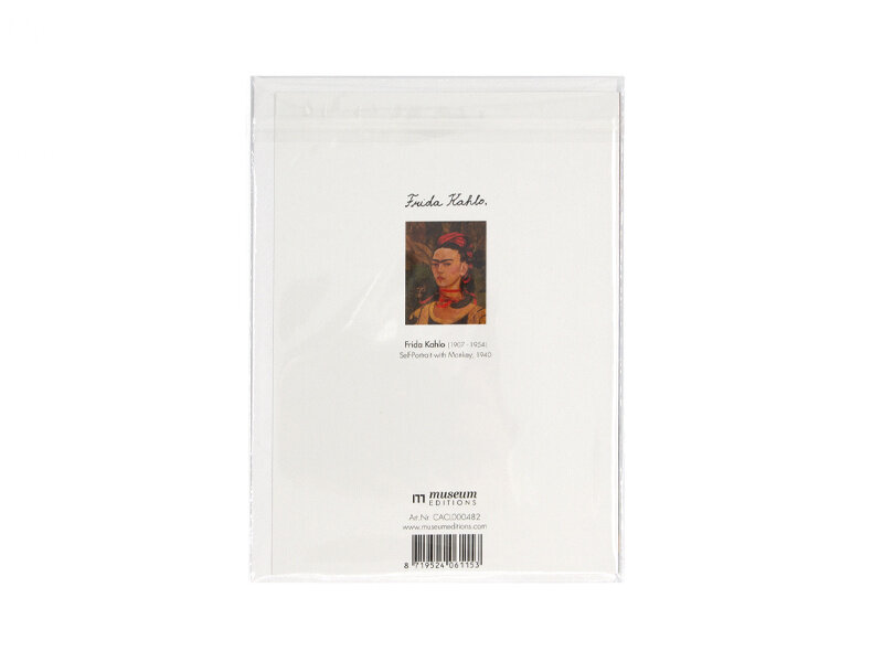 Tarjeta doble con sobre, Frida Kahlo, Autorretrato con mono y lazos rojos