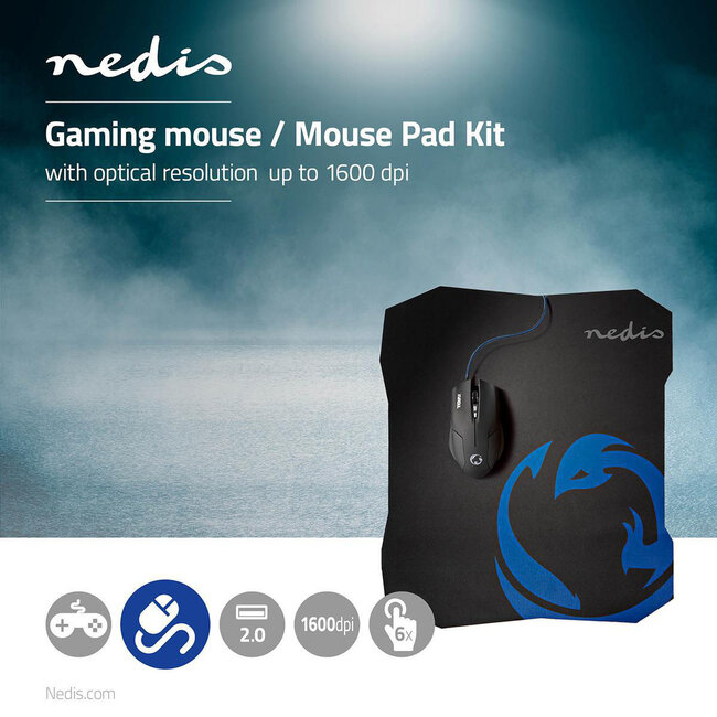 Nedis Gaming YESAQUA USB-Kabelmaus und mittlere Mausmatte Set / Schwarz - 1,5 m