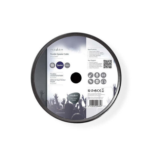 Nedis flexible Lautsprecherkabel (CU Kupfer) mit Mantel - 2x 2,50mm² / Grau - 100 Meter