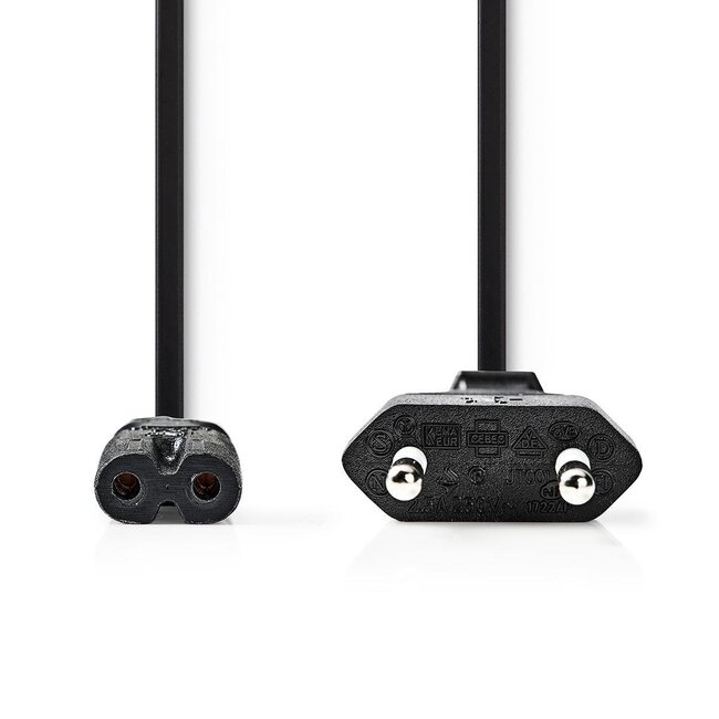 C7 (gerade) - CEE 7/16 (gerade) Stromkabel | 2x 0,75mm² | Schwarz | 1,5 m