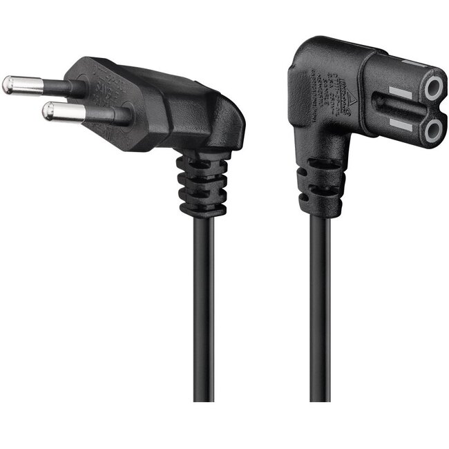 C7 (rechts/links gewinkelt) - CEE 7/16 (oben/unten gewinkelt) Stromkabel - z.B. für Sonos - 2x 0,75mm² / schwarz - 1 Meter