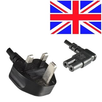 DINIC Stromkabel mit gewinkeltem C7-Stecker und gewinkeltem britischem (Typ G) Stecker - 2x 0,75mm² - Schwarz - 1,8 Meter