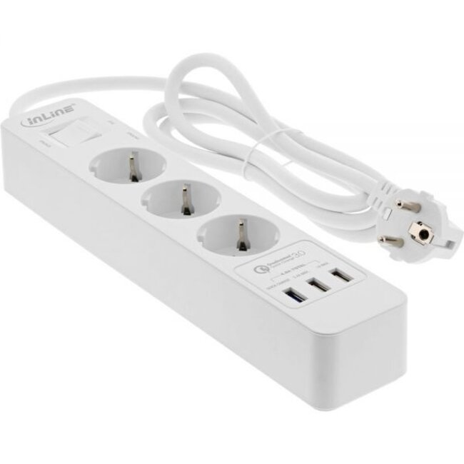 InLine Steckdosenleiste 3-fach mit 3x USB Quick Charge 3.0 - Weiß - 1,5 m