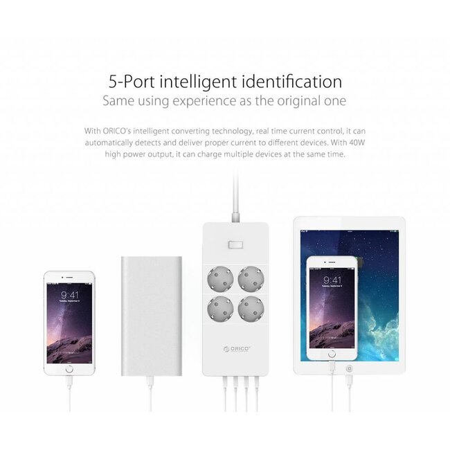 Orico Steckdosenleiste 4-fach mit 5 USB-Anschlüssen, weiß - 1,5 m