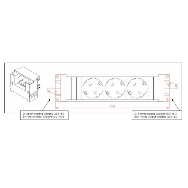 Bachmann Steckdosenleiste mit Wieland GST18® Installationsstecker, 3 Kontakte, Schwarz