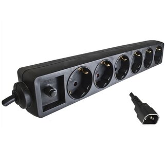 DINIC Steckdosenleiste mit IEC C14 Stecker und 6 CEE 7/3 Steckdosen - ohne Schalter, schwarz - 1,5 m