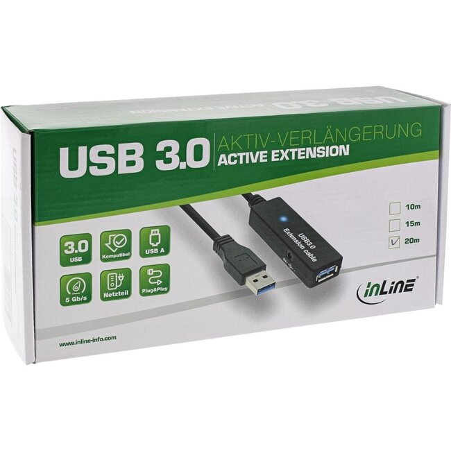 InLine USB 3.0 Aktive Verlängerungskabel mit externer Stromversorgung - 20m - bis 0,9A