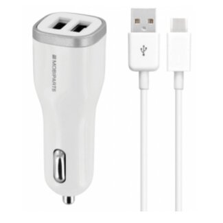 Mobiparts Mobiparts USB-A Autoladegerät mit 2 Anschlüssen und abnehmbarem USB-C Kabel - Smart IC - 2,4A / Weiß - 1 Meter