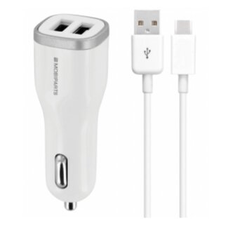 Mobiparts Mobiparts USB-A Autoladegerät mit 2 Ports & abnehmbarem USB-C Kabel - Smart IC - 4,8A / Weiß - 1 Meter