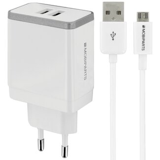 Mobiparts Mobiparts USB-A Heimladegerät 2 Ports mit abnehmbarem USB Micro B Kabel - Smart IC - 4,8A / Weiß - 1 Meter
