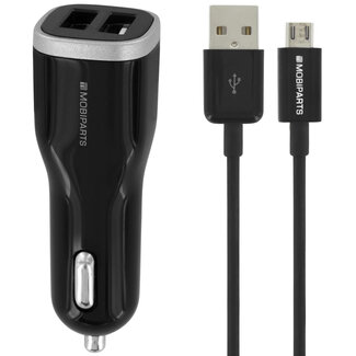 Mobiparts Mobiparts USB-A Autoladegerät 2 Ports mit abnehmbarem USB Micro B Kabel - Smart IC - 4,8A / Schwarz - 1 Meter