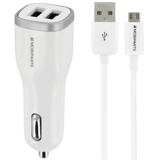 Mobiparts Mobiparts USB-A Auto-Ladegerät mit 2 Anschlüssen & abnehmbarem USB Micro B Kabel - Smart IC - 4,8A / Weiß - 1 Meter
