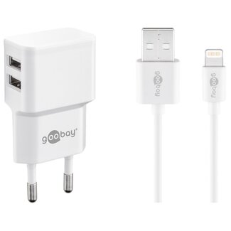 Goobay USB-A Heimladegerät mit 2 Ports und separatem 8-Pin Lightning-USB-Kabel - Smart IC - 2,4A / Weiß - 1 Meter
