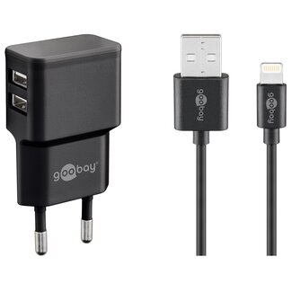 Goobay USB-A Heimladegerät mit 2 Ports und 8-Pin Lightning Kabel - Smart IC - 2,4A / Schwarz - 1 Meter