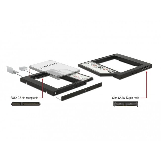 Premium 2,5'' SATA HDD/SSD auf 5,25'' Ultra Slim SATA Laufwerk (9,5mm) Caddy / Schwarz