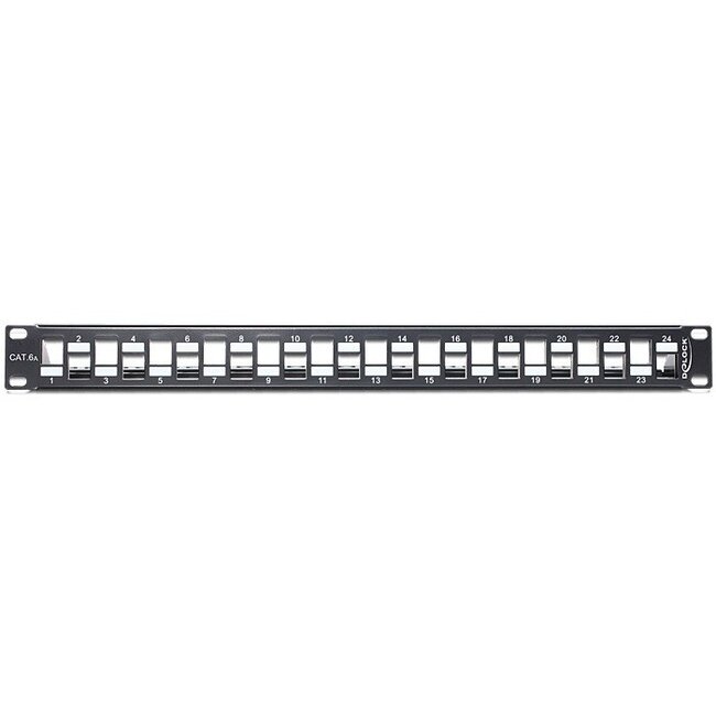 Delock 19 Zoll Patchpanel mit Kabelmanagement | für 24 Keystone Module | versetzte Ports | 1U | schwarz