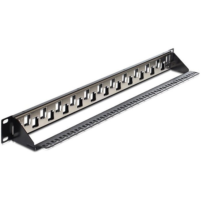 Delock 19 Zoll Patchpanel mit Kabelmanagement | für 24 Keystone Module | versetzte Ports | 1U | schwarz