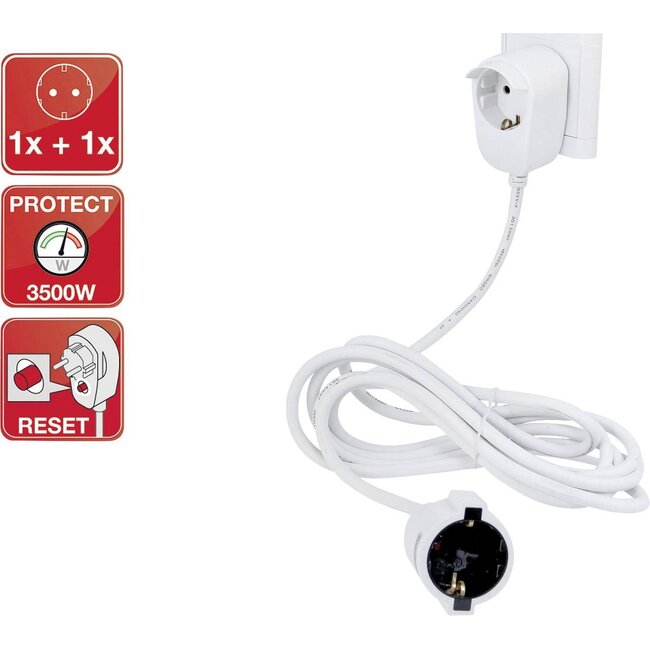 CEE 7/7 - 2x CEE 7/3 Verlängerungskabel mit Durchgangsstecker - 3x 1,50mm² / Weiß - 5 Meter