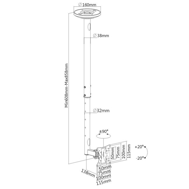 My Wall Deckenhalterung für Bildschirme bis 30 Zoll / Full Motion (1 Drehpunkt) / Silber