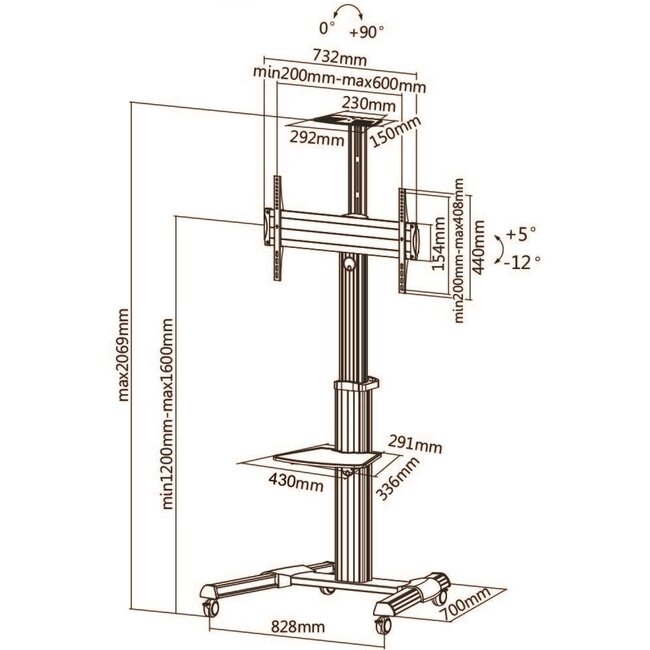 My Wall Professioneller mobiler Bodenständer mit Ablage und Kamerahalterung für Bildschirme bis 70 Zoll
